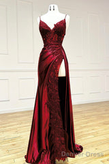 Mermaid V Neck Satin Lace Burgundy Long Prom Dress, Burgundy Long Formal Dress