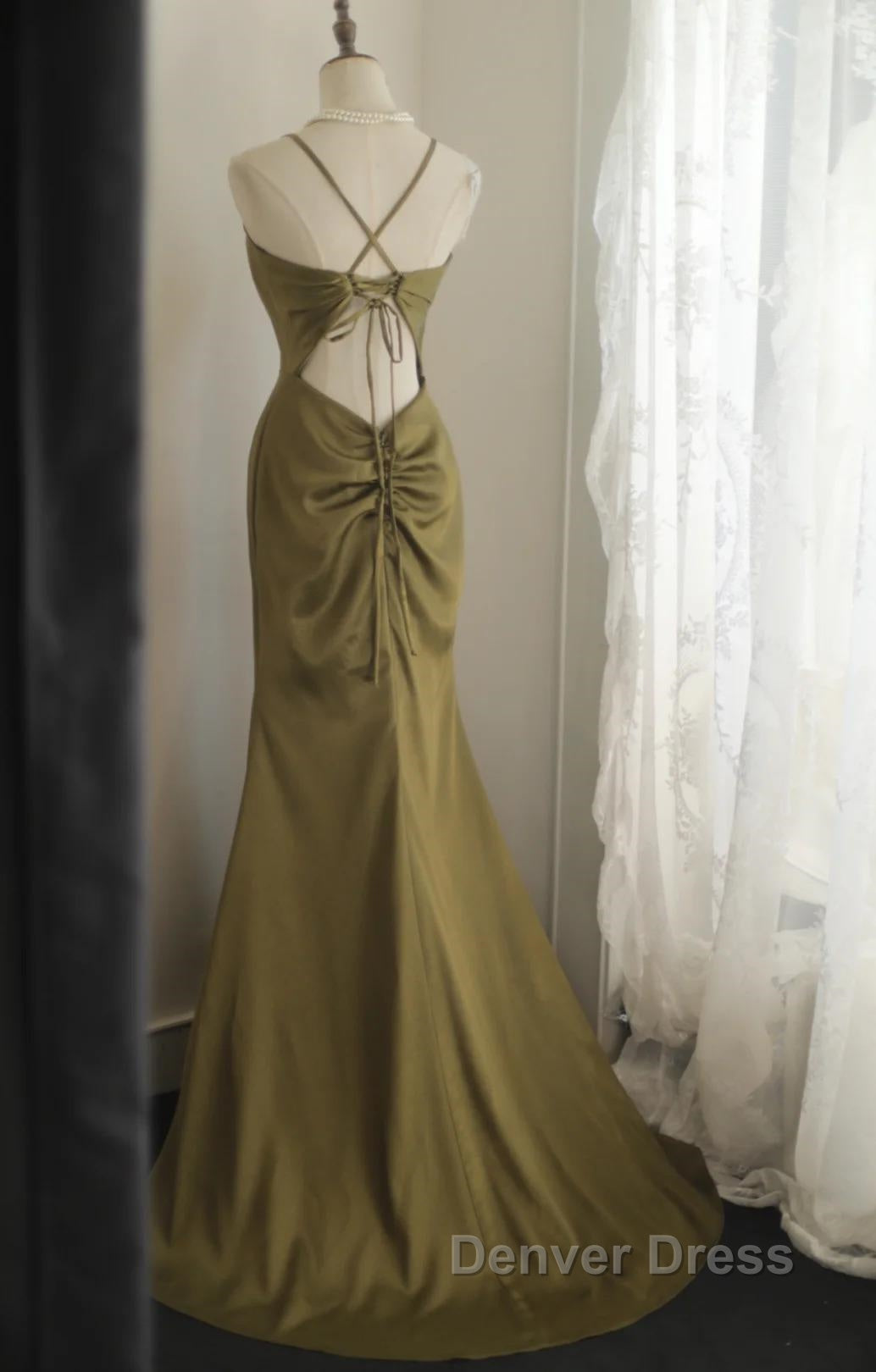 Mermaid V-Neck Satin Long Prom Dresses Elegant Spaghetti Strap Formal Dresses