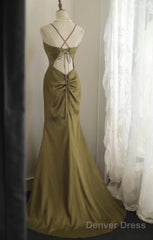 Mermaid V-Neck Satin Long Prom Dress Elegant Spaghetti Strap Formal Dress