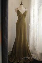 Mermaid V-Neck Satin Long Prom Dresses Elegant Spaghetti Strap Formal Dresses