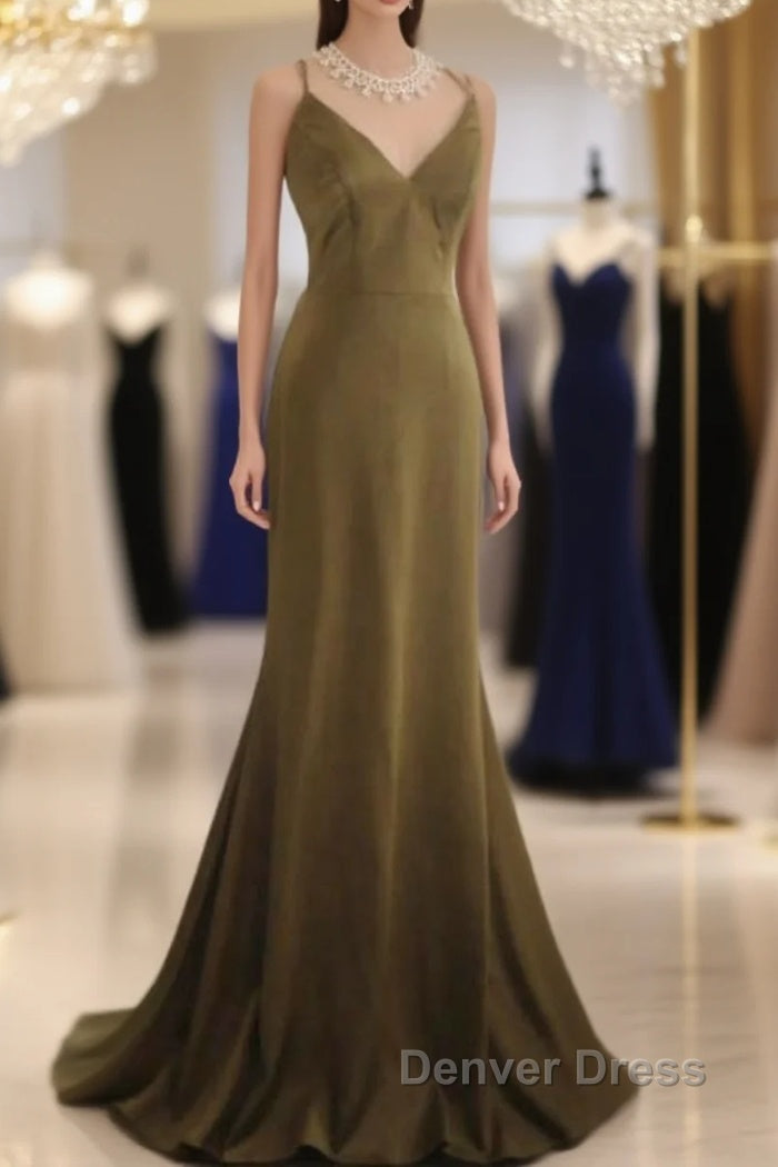 Mermaid V-Neck Satin Long Prom Dresses Elegant Spaghetti Strap Formal Dresses Main image