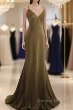 Mermaid V-Neck Satin Long Prom Dresses Elegant Spaghetti Strap Formal Dresses