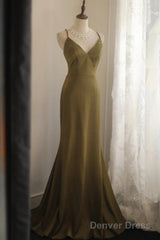Mermaid V-Neck Satin Long Prom Dress Elegant Spaghetti Strap Formal Dress