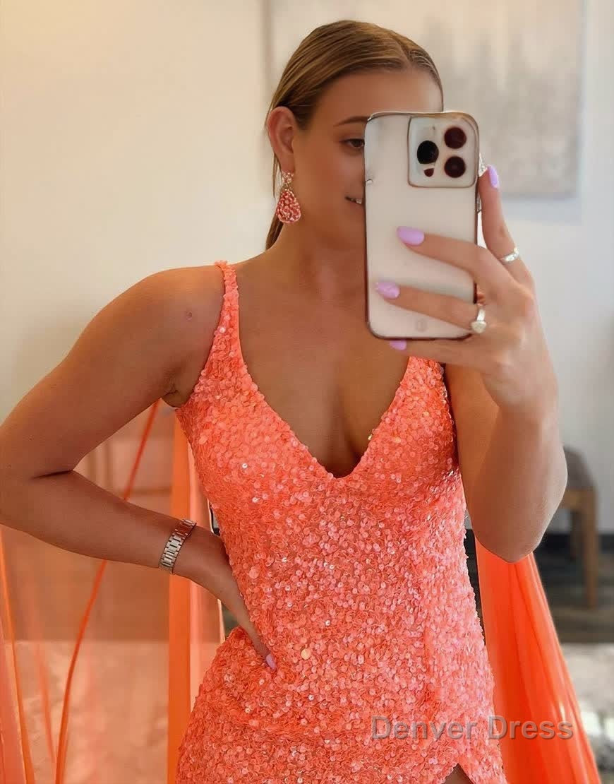Mermaid V Neck Sequin Prom Dresses with Slit