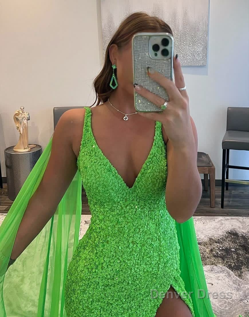 Mermaid V Neck Sequin Prom Dresses with Slit
