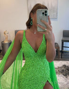 Mermaid V Neck Sequin Prom Dress with Slit