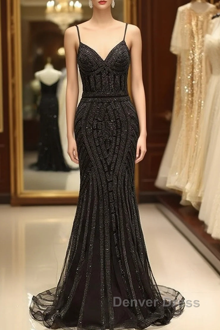 Mermaid V Neck Sequined Black Prom Dresses Spaghetti Straps Main image