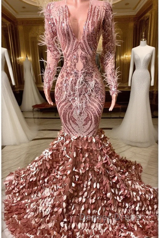 Mermaid V Neck Sequined Floor Length Long Sleeve Lace Prom Dresses With Feather Main image