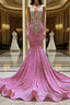 Mermaid V Neck Sequined Floor Length Sleeveless Prom Dresses