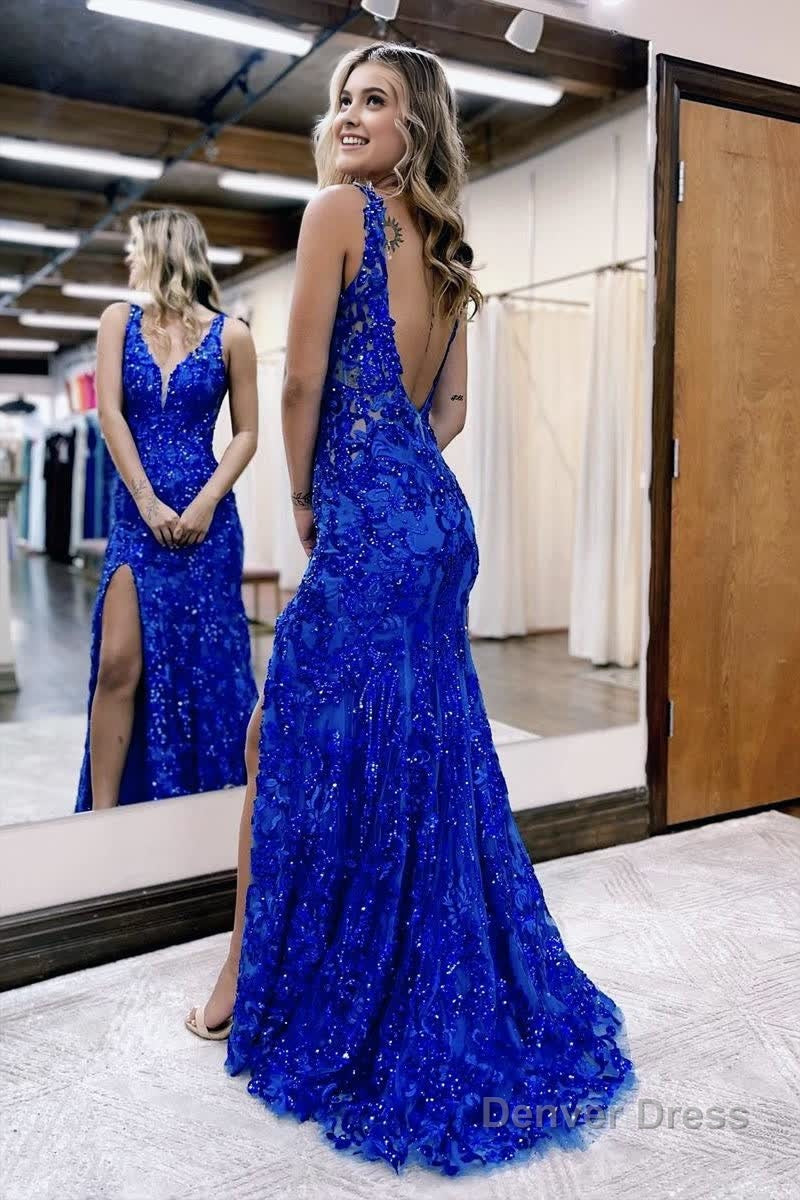 Mermaid V Neck Sequined Lace Prom Dresses with Slit