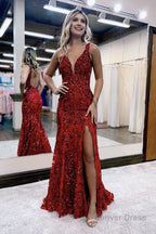Mermaid V Neck Sequined Lace Prom Dresses with Slit