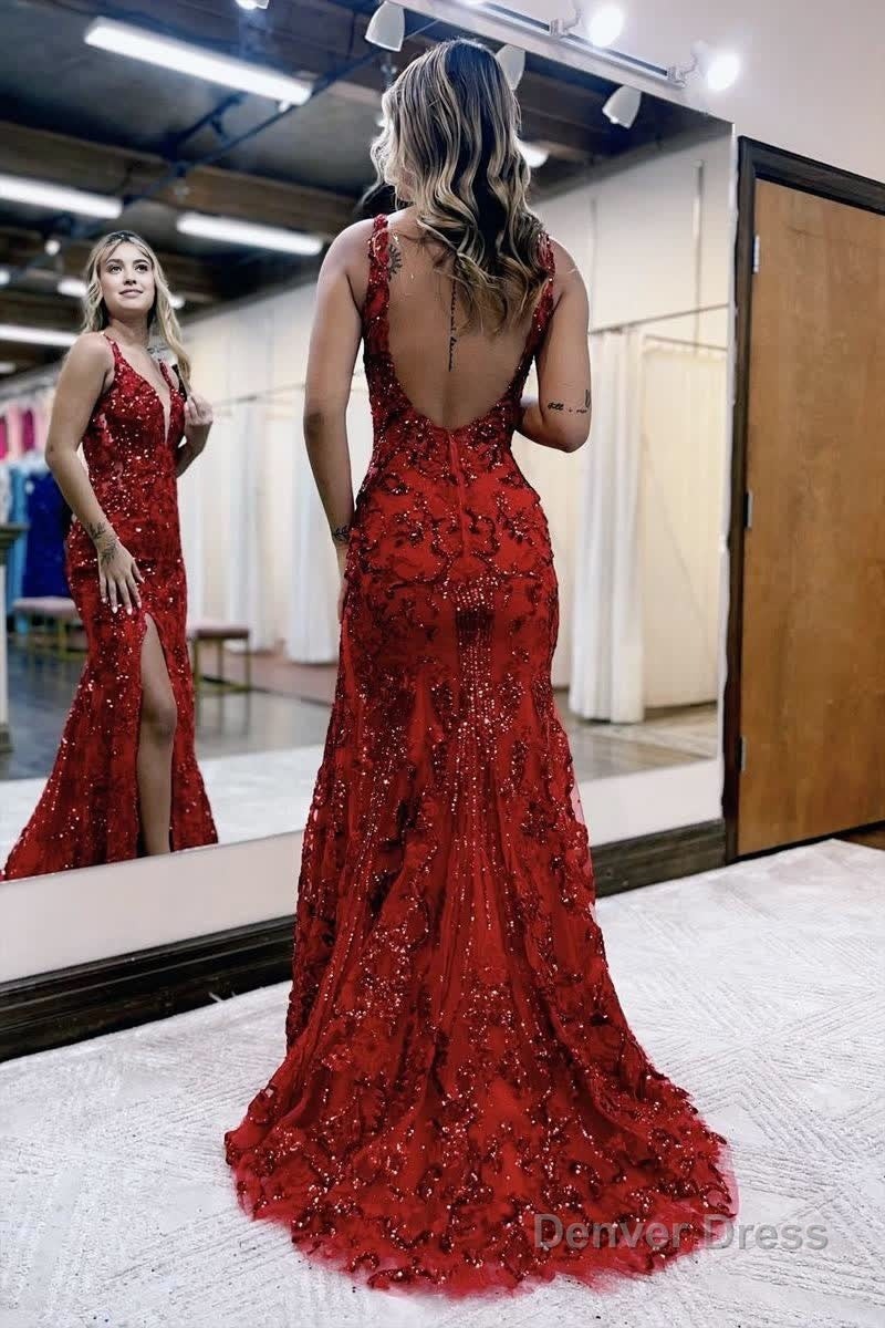 Mermaid V Neck Sequined Lace Prom Dresses with Slit