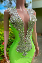 Mermaid V Neck Sequined Open Back Floor Length Sleeveless Lace Beading Prom Dresses