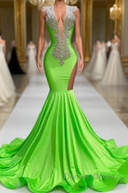 Mermaid V Neck Sequined Open Back Floor Length Sleeveless Lace Beading Prom Dresses