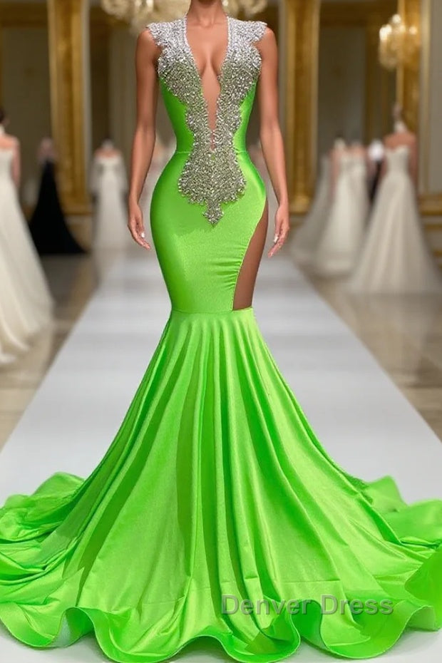 Mermaid V Neck Sequined Open Back Floor Length Sleeveless Lace Beading Prom Dresses