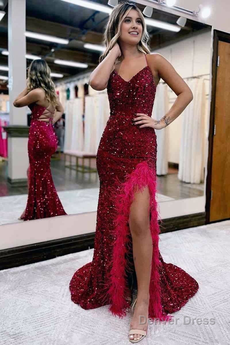 Mermaid V Neck Sequins Long Prom Dresses with Slit