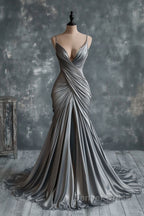 Mermaid V Neck Silver Spaghetti Straps Satin Long Prom Dresses Sexy Evening Dresses