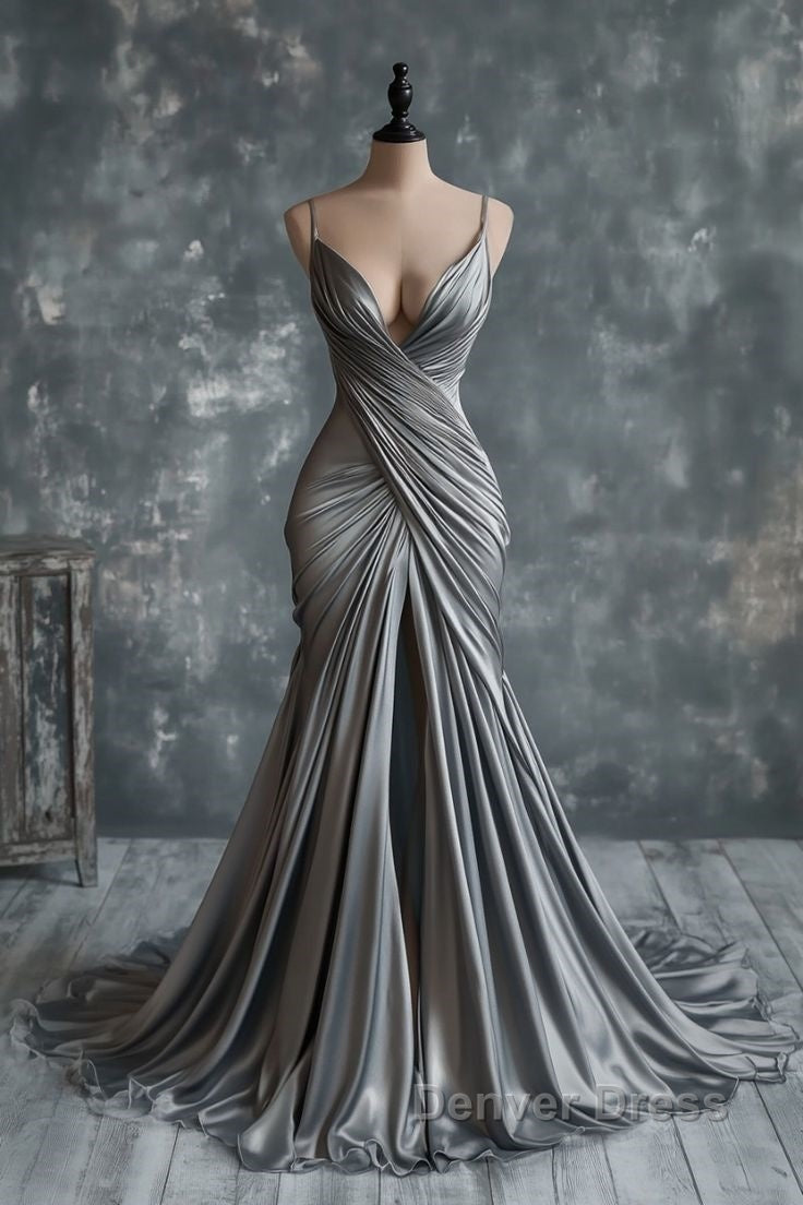 Mermaid V Neck Silver Spaghetti Straps Satin Long Prom Dress Sexy Prom Dresses