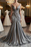 Mermaid V Neck Silver Spaghetti Straps Satin Long Prom Dresses Sexy Evening Dresses