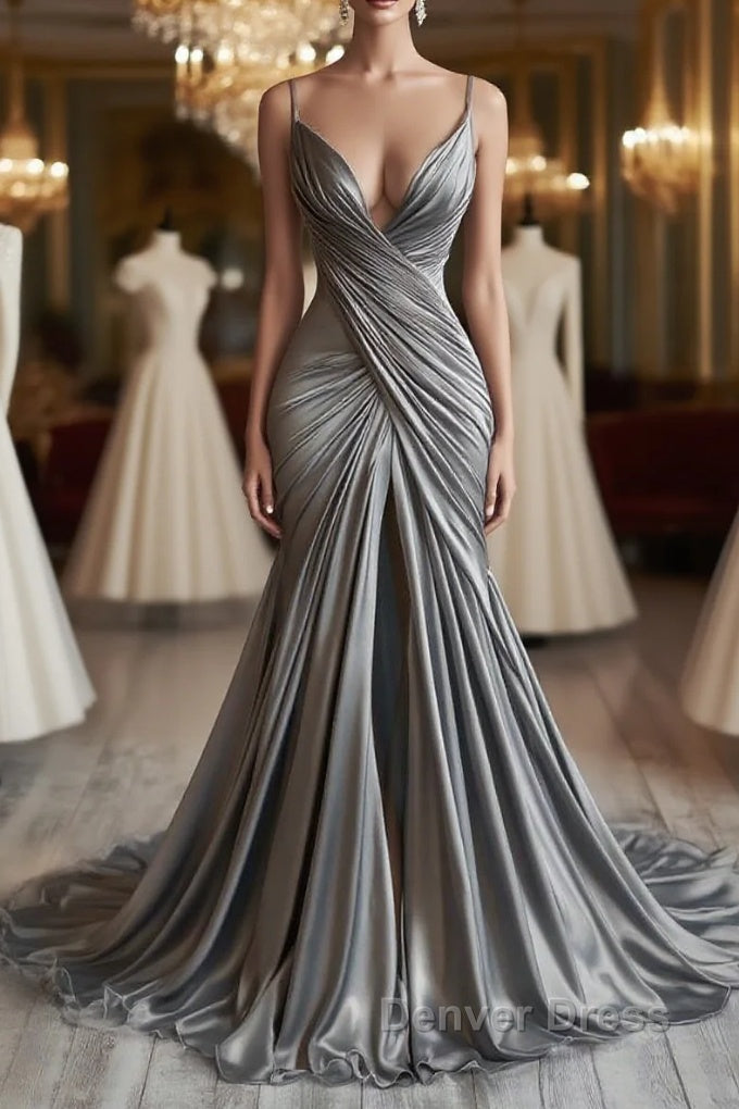 Mermaid V Neck Silver Spaghetti Straps Satin Long Prom Dress Sexy Prom Dresses