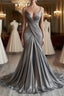 Mermaid V Neck Silver Spaghetti Straps Satin Long Prom Dress Sexy Prom Dresses