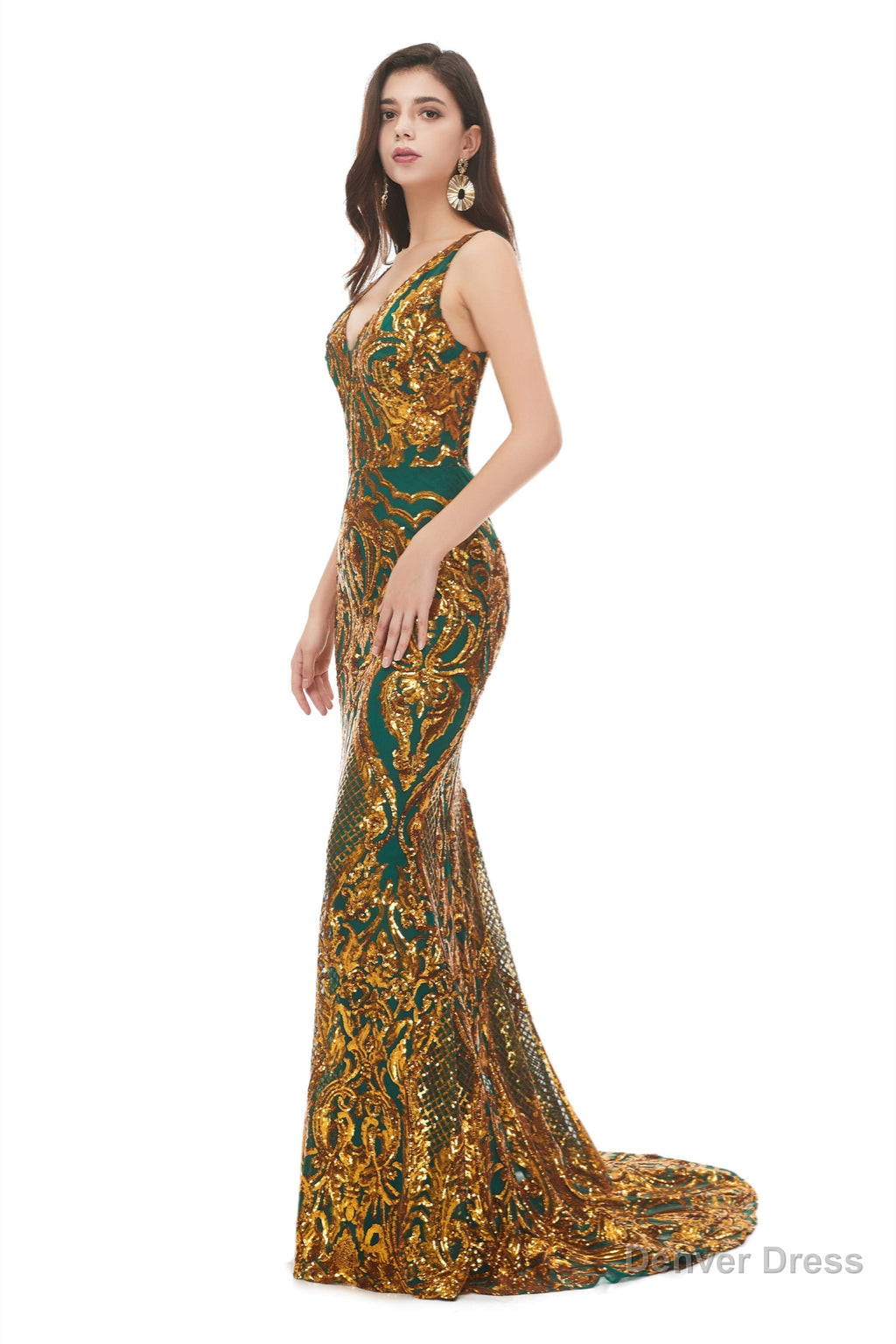 Mermaid V Neck Sleeveless Sequind Long Prom Dresses