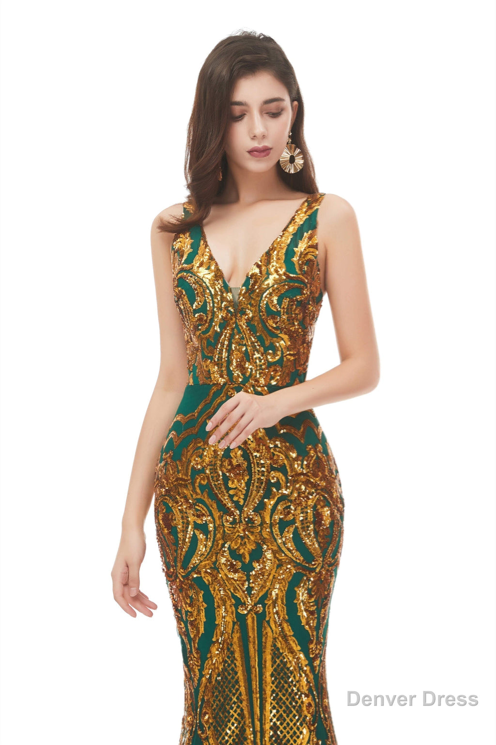 Mermaid V Neck Sleeveless Sequind Long Prom Dresses