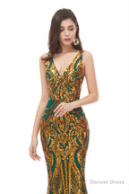 Mermaid V Neck Sleeveless Sequind Long Prom Dresses