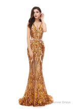 Mermaid V Neck Sleeveless Sequind Long Prom Dresses