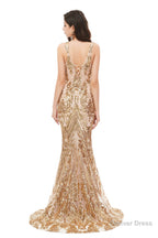 Mermaid V Neck Sleeveless Sequind Long Prom Dresses