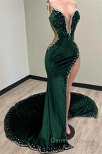 Mermaid V Neck Spaghetti strap Beaded High Split Floor Length Sleeveless Prom Dresses