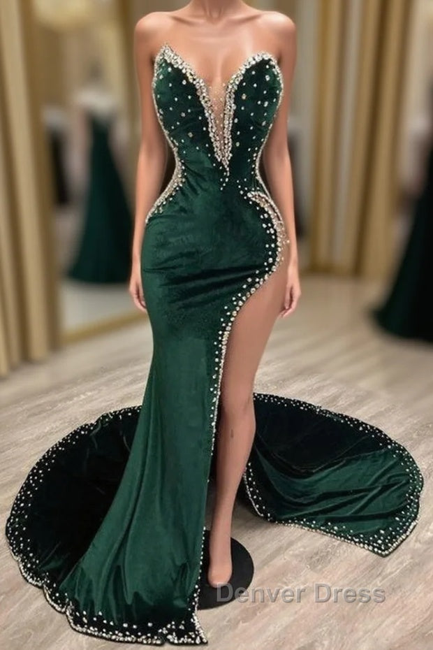 Mermaid V Neck Spaghetti strap Beaded High Split Floor Length Sleeveless Prom Dresses