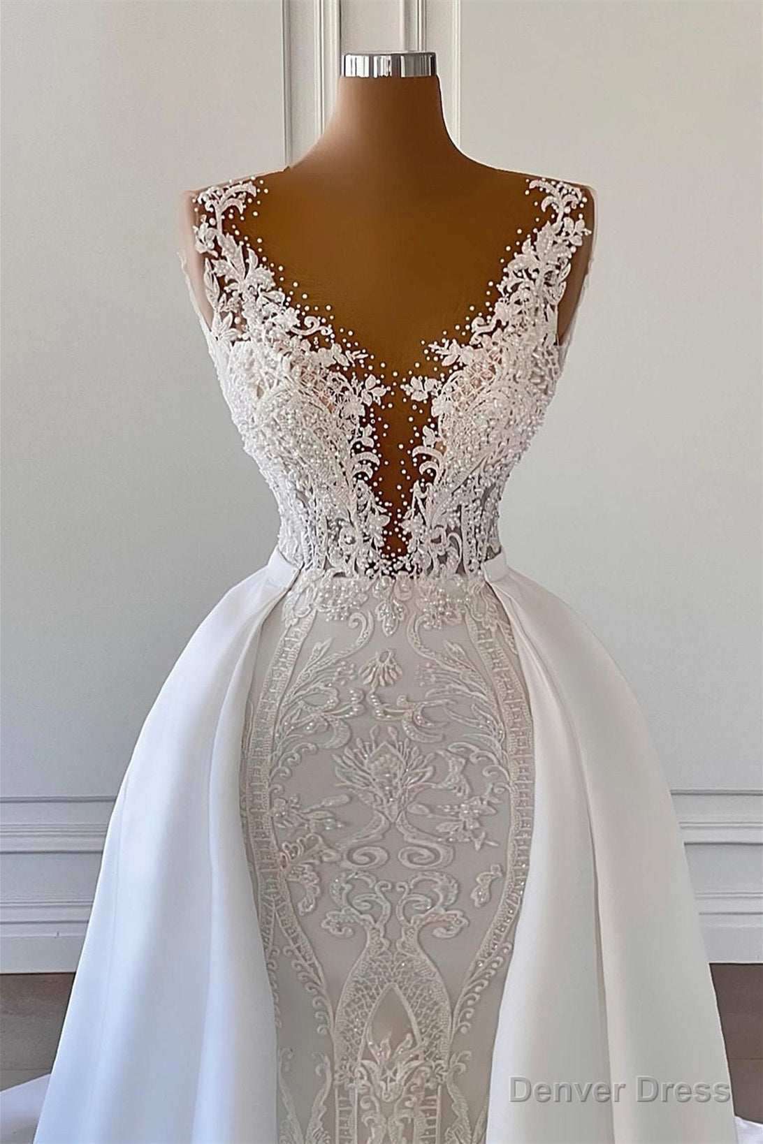Mermaid V Neck Spaghetti strap Lace Floor Length Sleeveless Applique Beaded With Side Train Wedding Dresses Secondary image