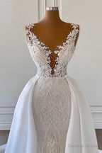 Mermaid V Neck Spaghetti strap Lace Floor Length Sleeveless Applique Beaded With Side Train Wedding Dresses