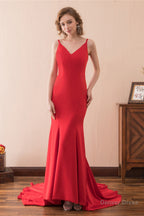 Mermaid V Neck Spaghetti Straps Red Satin Prom Dresses