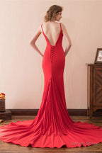 Mermaid V Neck Spaghetti Straps Red Satin Prom Dresses