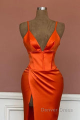 Mermaid V-Neck Spaghetti Straps Satin Dresses With Slit