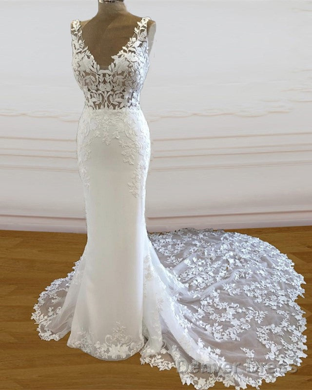 Mermaid V Neck Sweep Train Lace Embroidery Wedding Dress