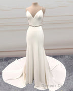 Mermaid V Neck Sweep Train Wedding Dress Bow Sashes
