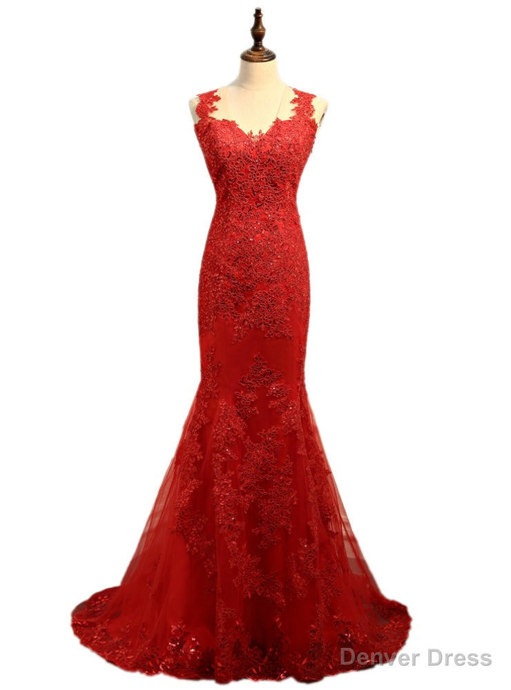 Mermaid V Neck Tulle Appliques Lace See Through Sexy Long Prom Dresses