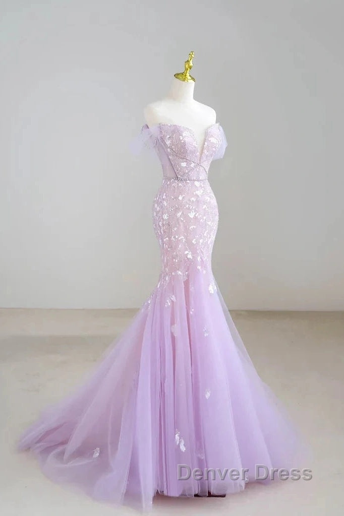 Mermaid V Neck Tulle Sequin Purple Long Prom Dresses Formal Dresses Secondary image