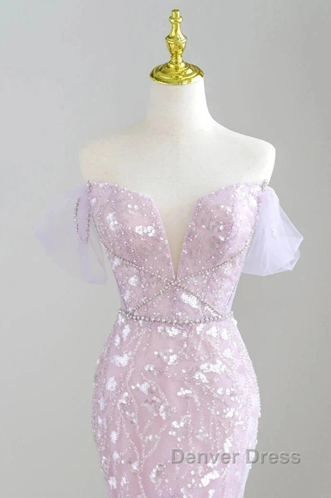 Mermaid V Neck Tulle Sequin Purple Long Prom Dresses Formal Dresses