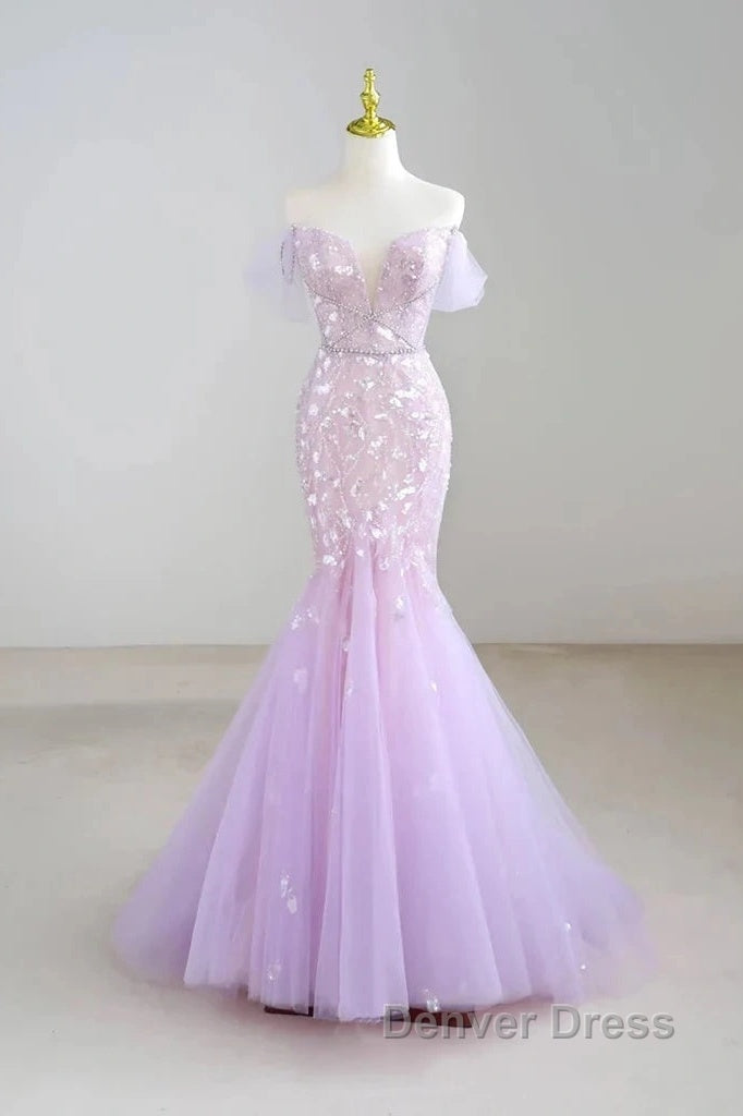 Mermaid V Neck Tulle Sequin Purple Long Prom Dresses Formal Dresses