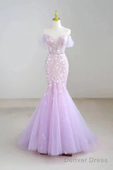 Mermaid V Neck Tulle Sequin Purple Long Prom Dress Formal Dress