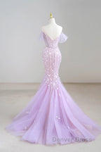 Mermaid V Neck Tulle Sequin Purple Long Prom Dresses, Purple Long Formal Dresses