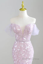 Mermaid V Neck Tulle Sequin Purple Long Prom Dresses, Purple Long Formal Dresses