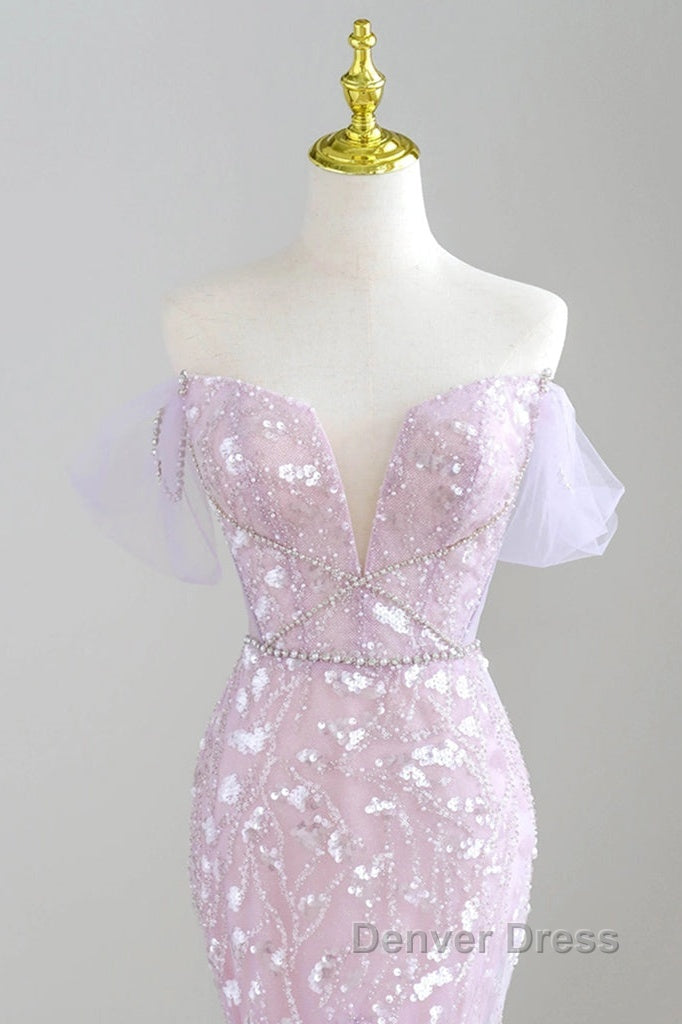 Mermaid V Neck Tulle Sequin Purple Long Prom Dresses, Purple Long Formal Dresses