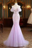 Mermaid V Neck Tulle Sequin Purple Long Prom Dresses, Purple Long Formal Dresses