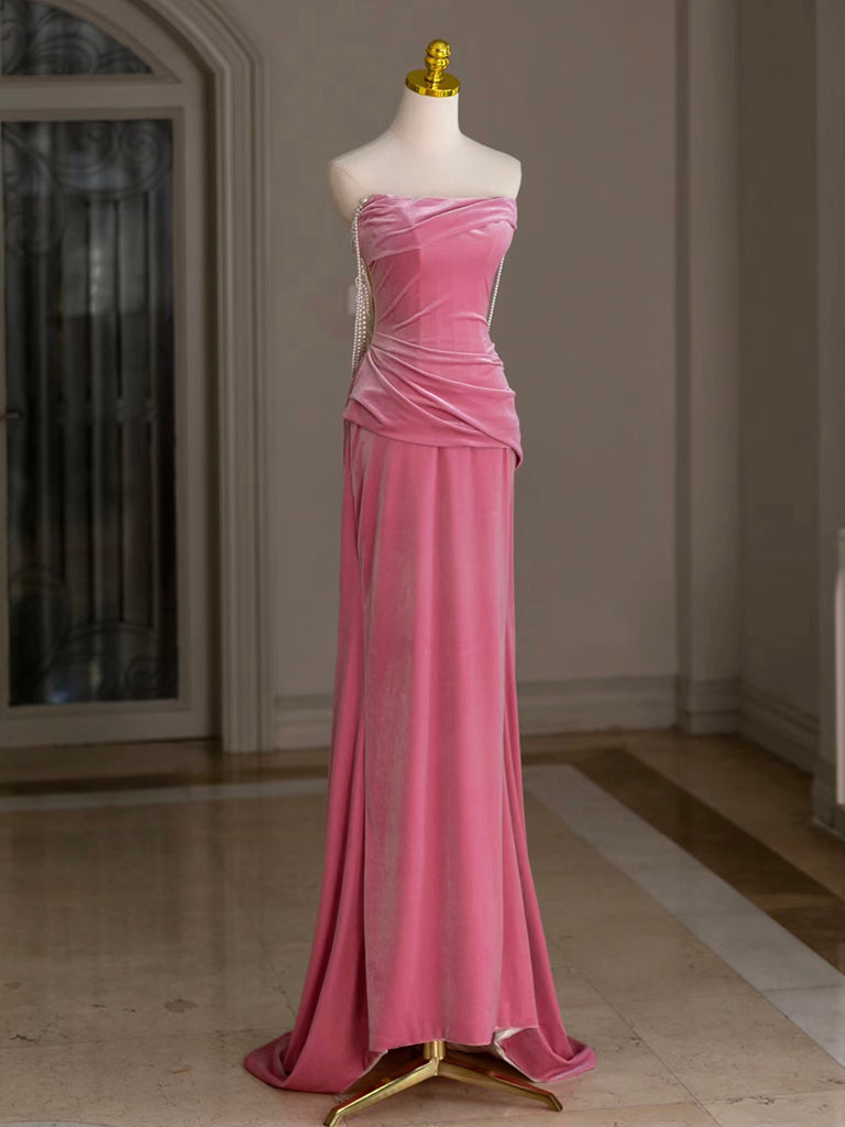 Mermaid Velvet Beads Pink Long Prom Dresses, Pink Long Formal Dresses Main image