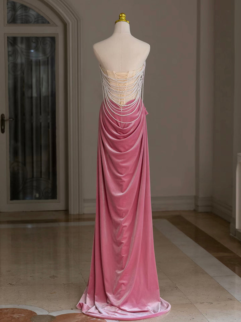 Mermaid Velvet Beads Pink Long Prom Dresses, Pink Long Formal Dresses Secondary image